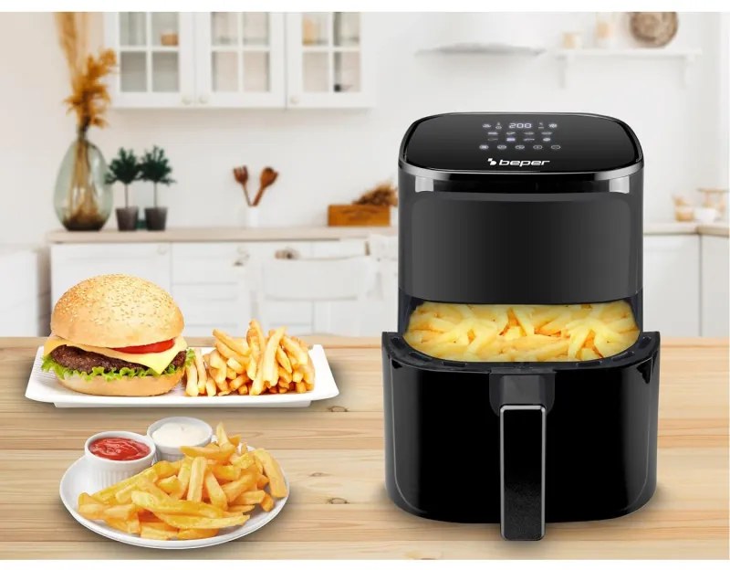 Friteuză cu aer cald Air Fryer Beper P101FRI051, 1400 W, 5 l, 8 programe, 80-200 °C, cronometru, negru