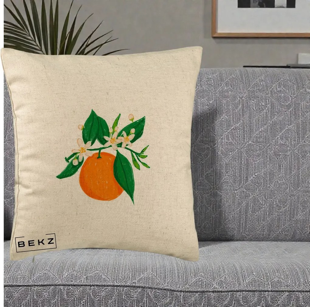 Perna Decorativa Portocala in Floare, 40x40 cm, Bej, Husa Detasabila, Perna Inclusa, BEKZ®
