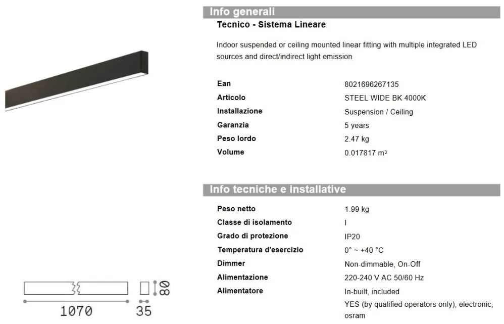 Lustra liniara cu lumina directa si indirecta STEEL WIDE Black 4000K