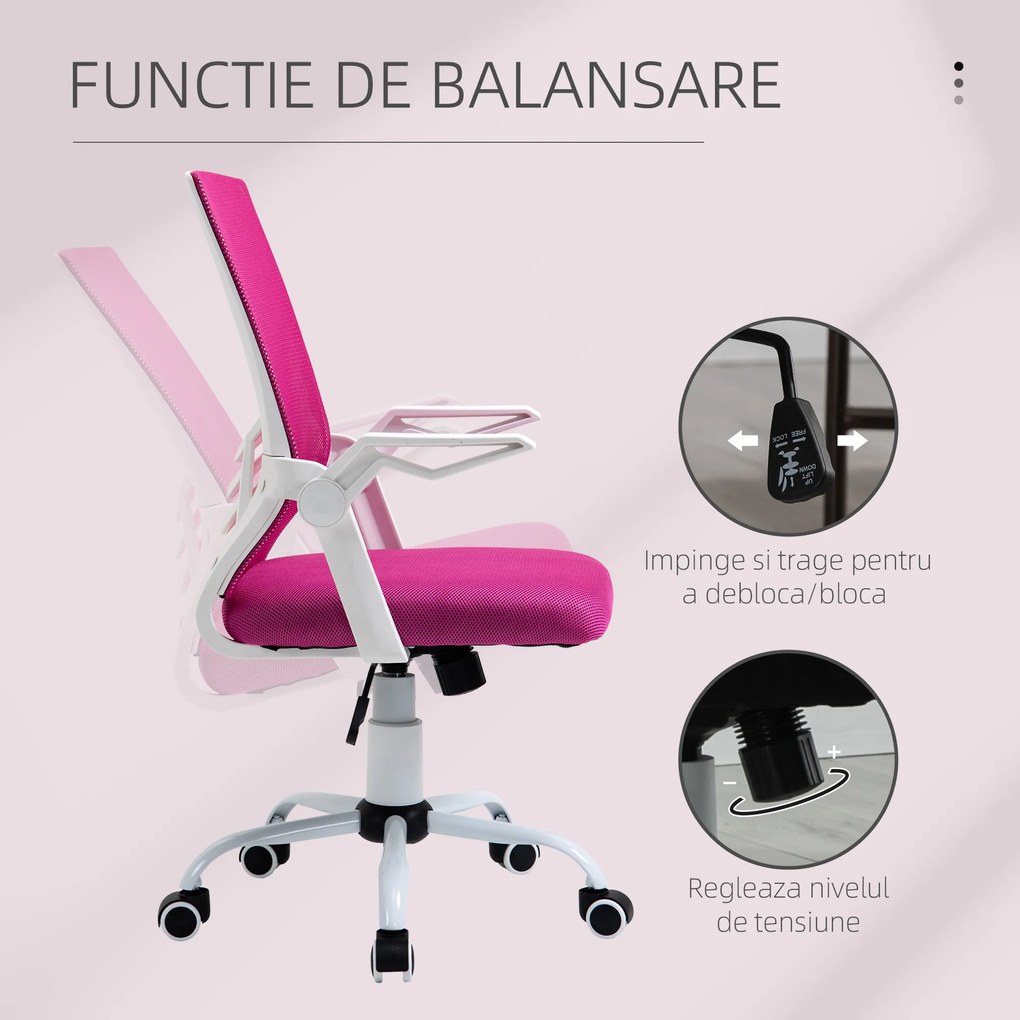 Scaun de Birou Ergonomic Vinsetto cu Cotiere si Suport Lombar, Pivotant, Inaltime Reglabila, Tesatura Roz | Aosom Romania