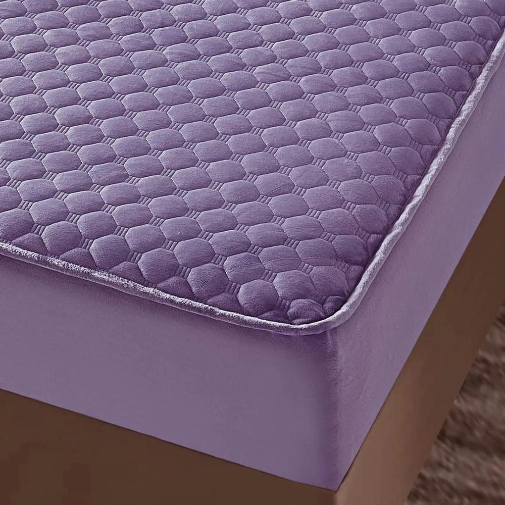 Husa de pat matlasata si 2 fete de perne din catifea, cu elastic, model tip topper, pentru saltea 180x200 cm, mov, HTC-10