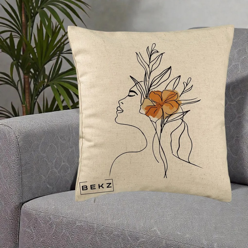 Perna Decorativa Portret Feminin Floare Portocalie Lateral, 40x40 cm, Bej, Husa Detasabila, Perna Inclusa, BEKZ®