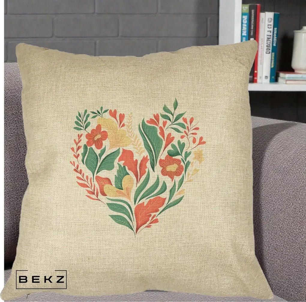 Perna Decorativa Inima Florala Botanica, 40x40 cm, Crem, Husa Detasabila, Perna Inclusa, BEKZ®