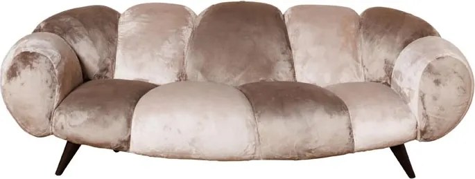 Canapea 3 locuri din catifea taupe, cu volume bombate și brațe rotunjite, aspect retro, 76 x 243 x 114 cm, „Mercurio”