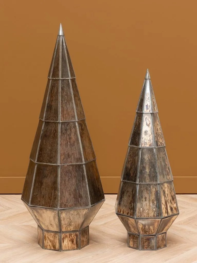 Brad decorativ din sticlă și metal, argintiu, formă conică, bază geometrică în trepte, finisaj patinat, 105 x 37 cm, „Grafik”