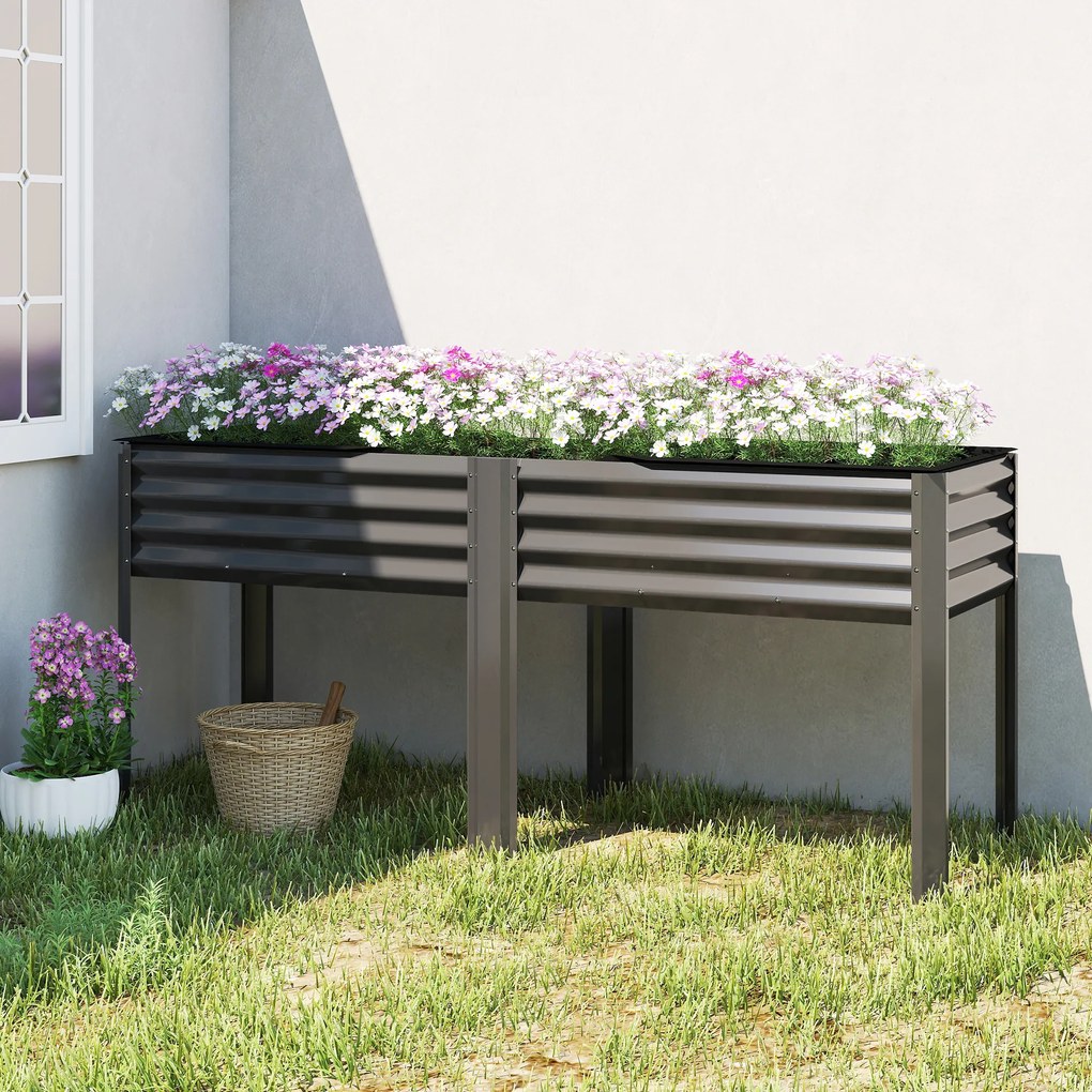 Outsunny Pat de grădină înălțat din metal, cutie de plantare extra mare cu traverse de întărire și insert din material nețesut, 180 x 55 x 80 cm, gri închis | Aosom Romania