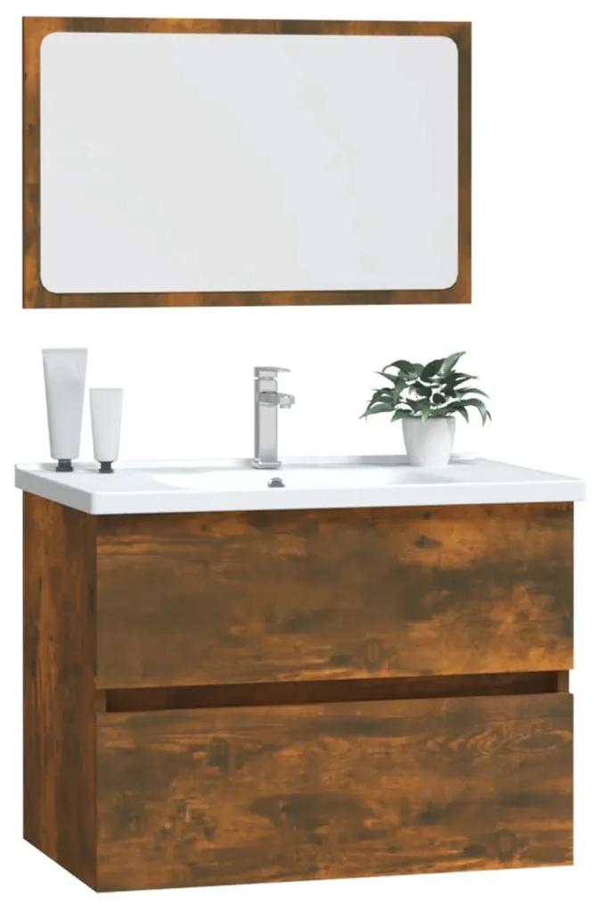 Set mobilier de baie, 2 piese, stejar fumuriu, lemn prelucrat Stejar afumat, Dulap pentru chiuveta + oglinda, 1