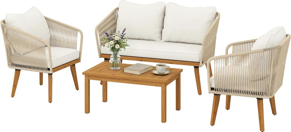 Outsunny Set mobilier grădină 4 piese lounge polyrattan cu canapea 2 locuri, 2 fotolii, masă din lemn de acacia cu lamele, perne groase lavabile | Aosom Romania