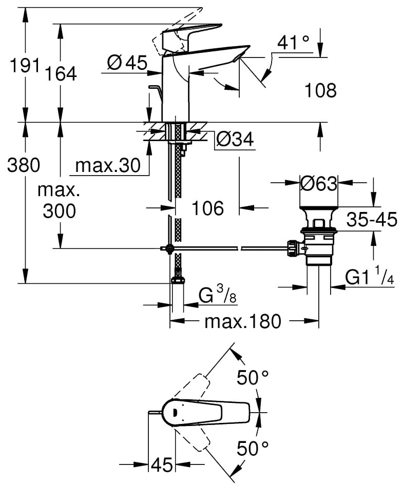 Baterie lavoar Grohe Bauedge, marimea M, furtunuri flexibile, crom-23758001