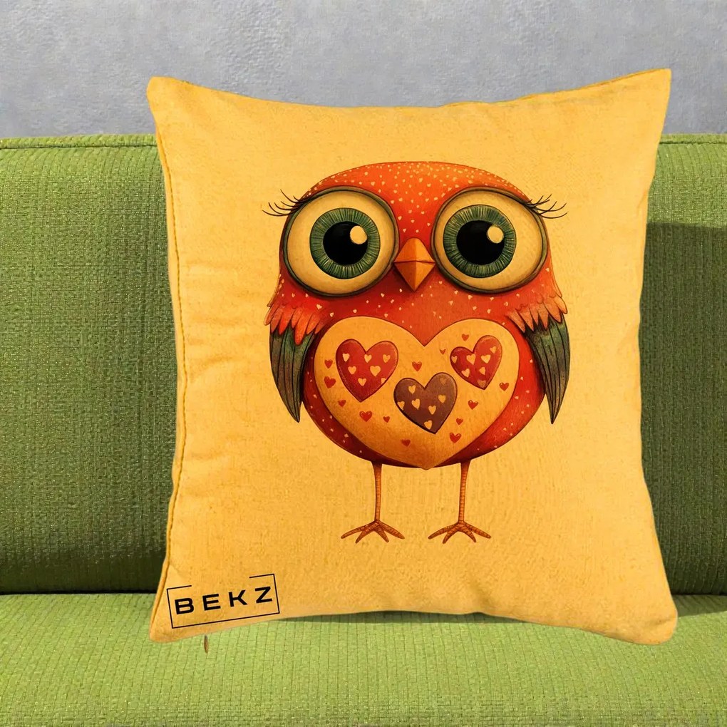 Perna Decorativa Bufnita Rosie cu Inimi Aurii, 40x40 cm, Galben, Husa Detasabila, Perna Inclusa, BEKZ®