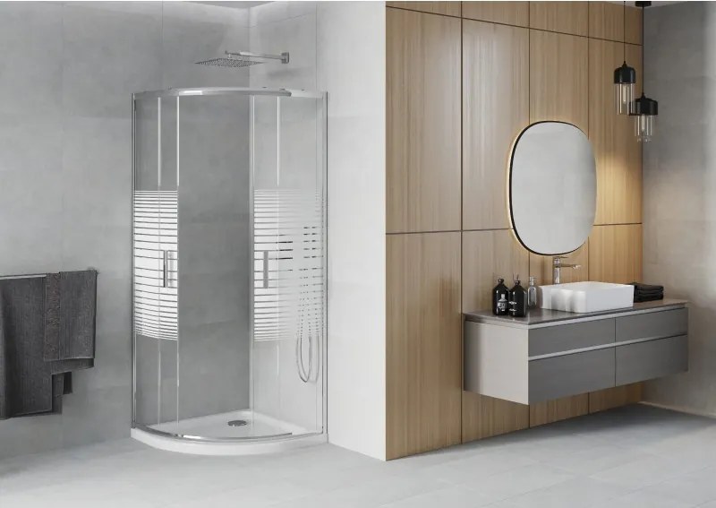 Mexen Rio cabina de duș semicirculară 80 x 80 cm, dungi albe, crom + cadă de duș Flat, albă - 863-080-080-01-20-4110