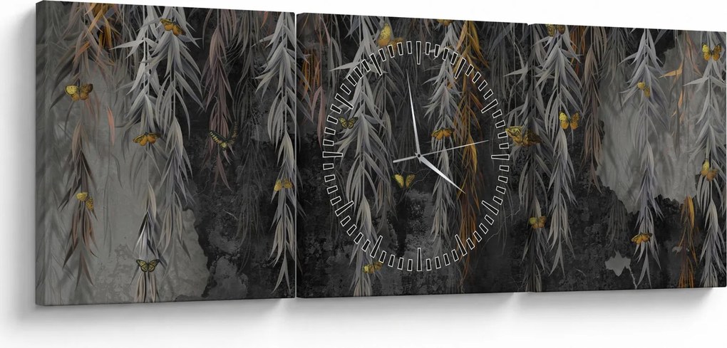 Tablou - Crenguțe de salcie, fundal negru (cu ceas) (90x30 cm)