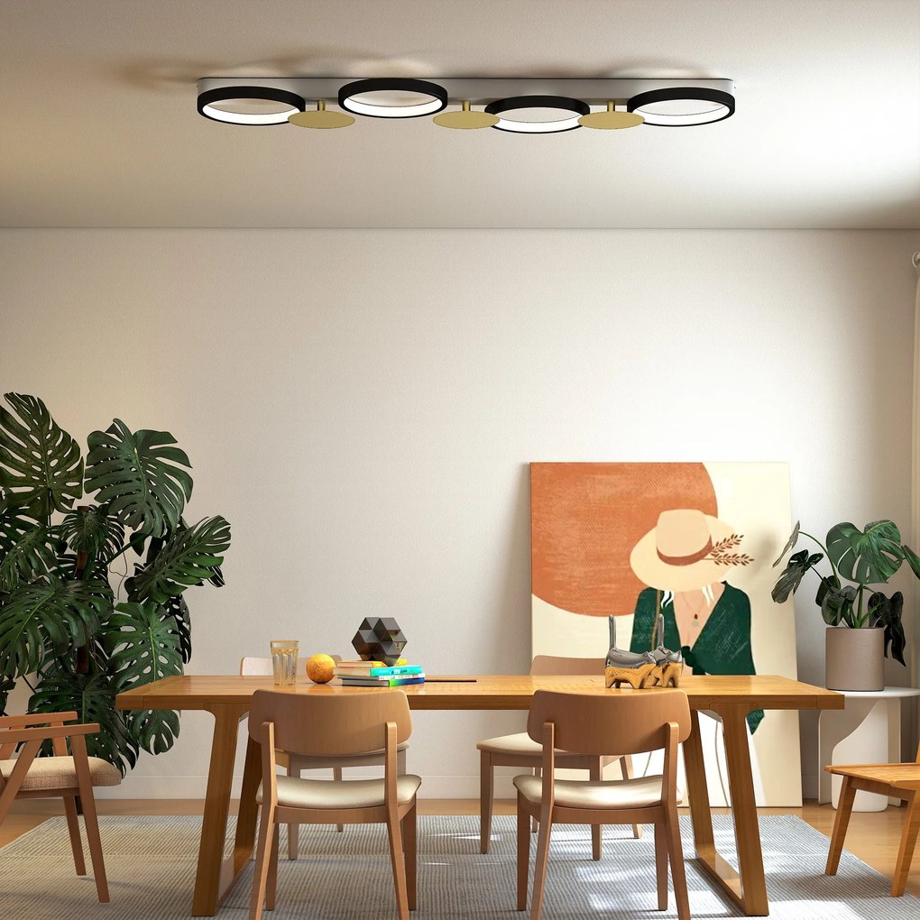 HOMCOM Lampă de tavan LED 38W 1500LM 3000K-6500K Lampă pentru living cu 4 becuri Telecomandă Schwarz+Gold | Aosom Romania