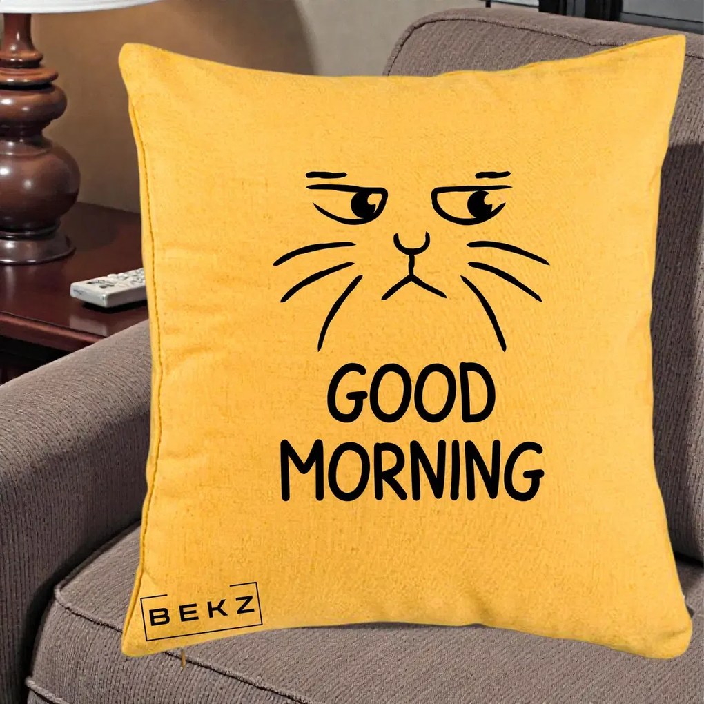 Perna Decorativa Pisica Morocanoasa Good Morning, 40x40 cm, Galben, Husa Detasabila, Perna Inclusa, BEKZ®