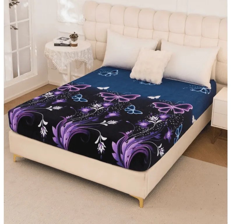 Cearsaf Cocolino microplus cu elastic VIOLET BUTTERFLY 200x200 cm albastru inchis