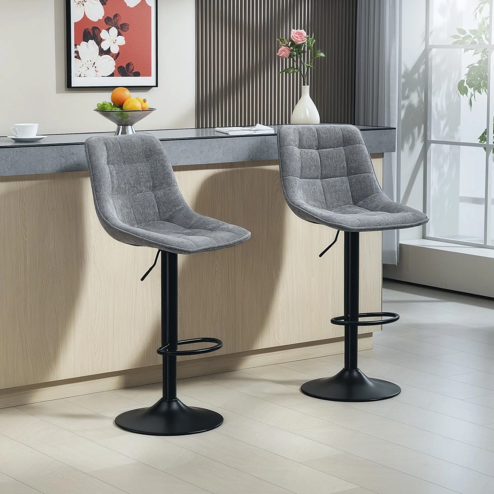 HOMCOM Scaun de bar modern, set de 2 scaune rotative cu spătar, reglabil pe înălțime, cu suport pentru picioare, tapițat, Gri închis | Aosom Romania