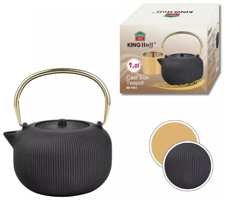 Ceainic din fonta cu infuzor Kinghoff KH 1931, 1 l, Fonta, Interior emailat, Negru