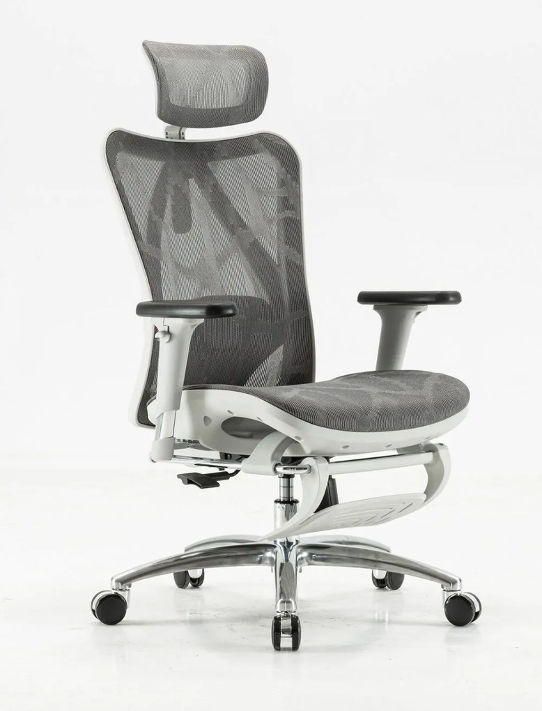 Scaun ergonomic SIHOO M57B, Suport lombar 2D, Cotiera 3D, Tetiera reglabila, Mecanism inclinare/blocare in 3 pozitii, suport picioare, Mesh, Gri