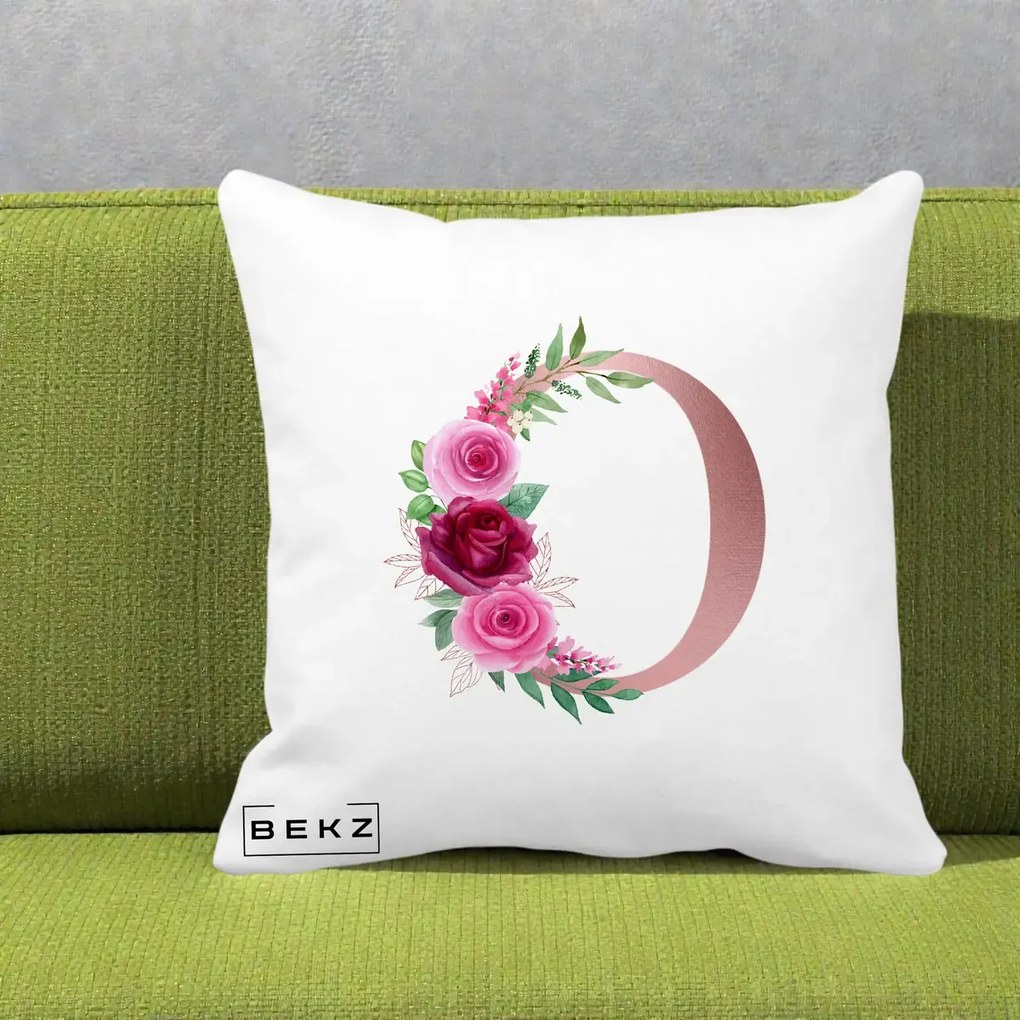 Cadou Personalizat - Perna Personalizata Monograma Rose Gold Litera O, 40x40 cm, Alba Mata, Husa Detasabila, Perna Inclusa, BEKZ®