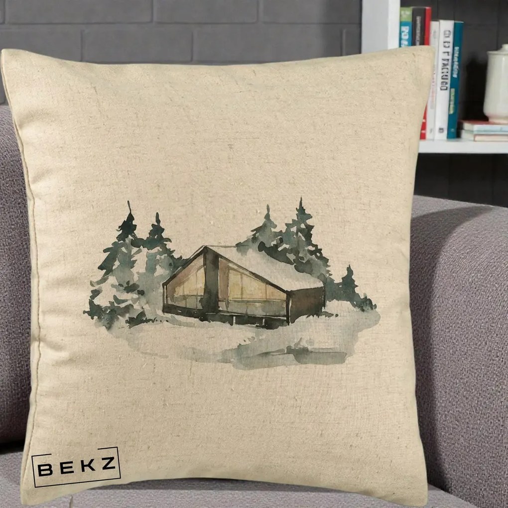 Perna Decorativa Cabana de Iarna in Padure, 40x40 cm, Bej, Husa Detasabila, Perna Inclusa, BEKZ®