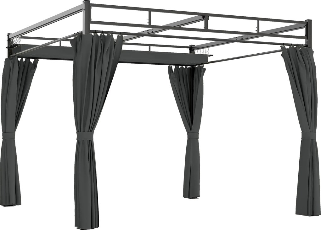 Outsunny Gazebo Pergolă 3x3 m cu Acoperiș Retractabil Glisant, 4 Pereți Laterali, Orificii de Drenare, Pergolă de Grădină din Poliester și Oțel, pentru Terasă, Curte, Exterior, UV30+, Gri Închis | Aosom Romania