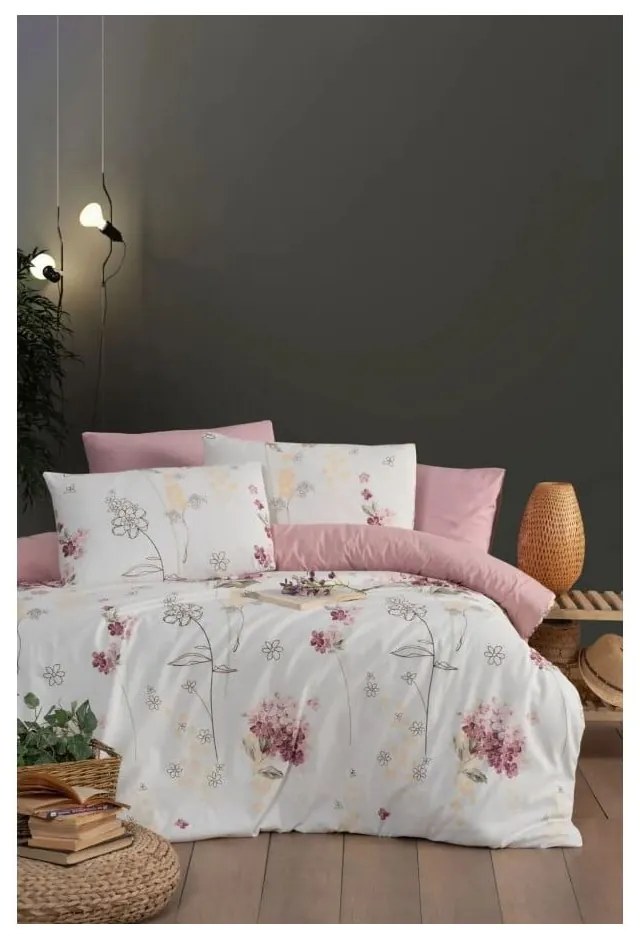 Lenjerie de pat albă/roz pentru pat de o persoană/canapea extinsă cu cearceaf inclus/cu 3 piese 160x220 cm Floral – Mila Home