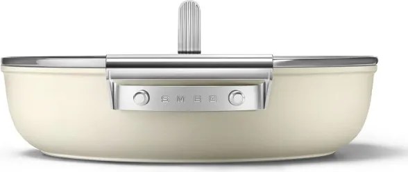 Oală joasă cu capac Smeg DPF2812CRM, 28 cm, 4,3 l, acoperire ceramică antiaderentă, potrivită pentru cuptor până la 250 °C, fără PFAS, compatibilă cu plitele cu inducție, culoare crem