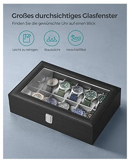 Cutie de ceasuri, Songmics, 20.2 x 30.2 x 7.8 cm, JWB12BK, Gri