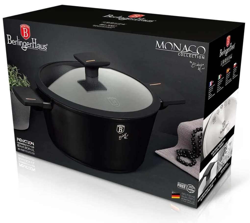 Oală cu capac 24 cm, 4.5 L Berlinger Haus BH 7087, Monaco Collection, strat de titan, curățare ușoară, elegantă