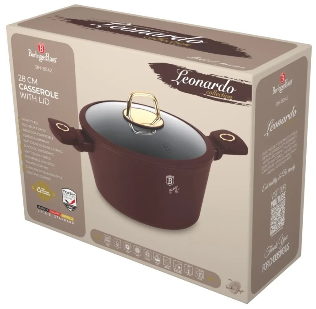 Oală cu capac 28 cm, 6.1L – Berlinger Haus Leonardo Collection BH 8042, antiaderentă, ideală pentru gătit fără ulei, compatibilă cu inducție