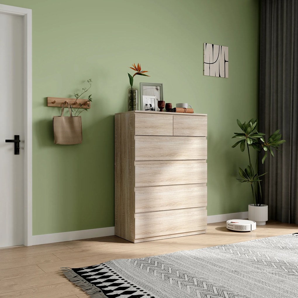 HOMCOM Comodă 6 sertare, mobilier de depozitare fără mânere design minimalist 80 x 39 x 115 cm lemn natural | Aosom Romania
