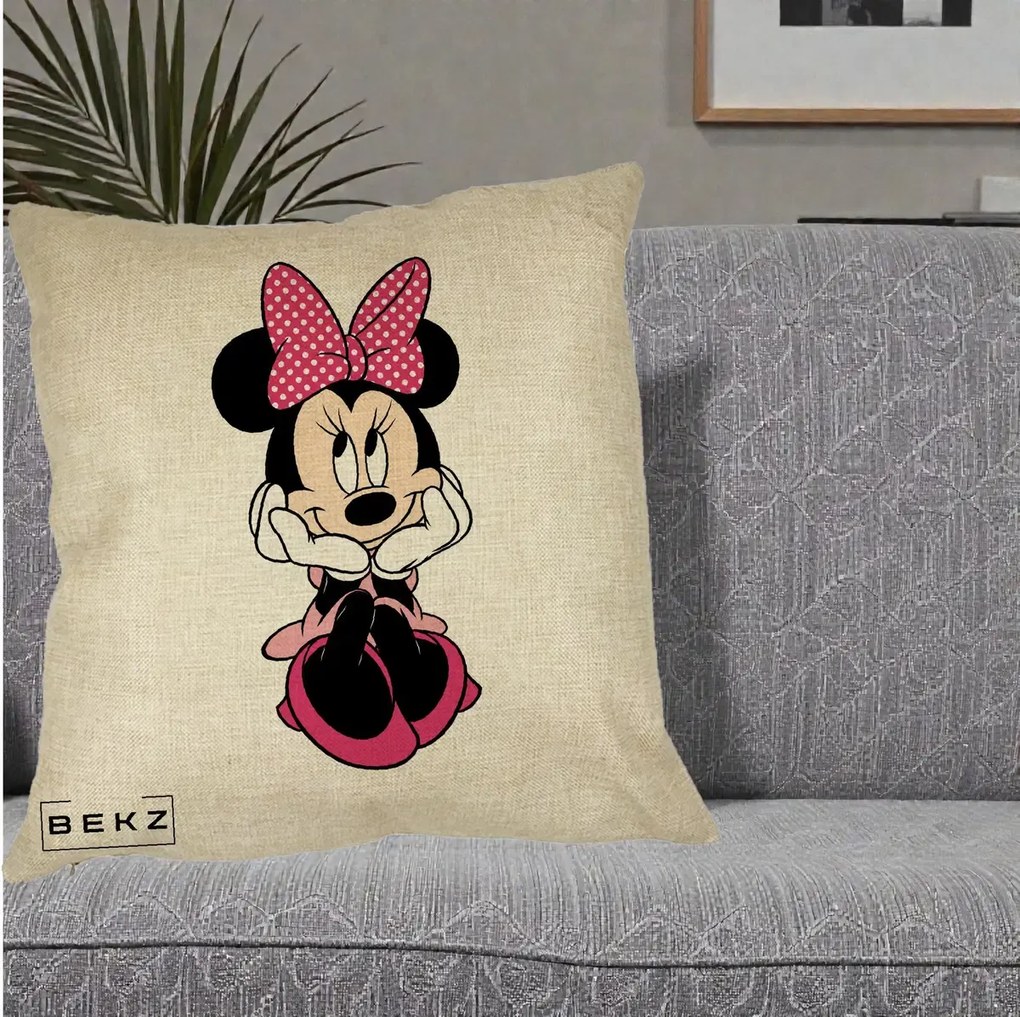 Perna Personalizata Minnie Mouse cu Fundita, 40x40 cm, Crem, Husa Detasabila, Perna Inclusa, BEKZ®