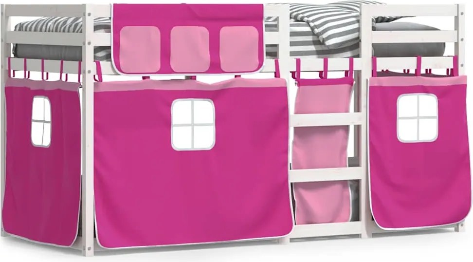 vidaXL Pat supraetajat cu perdele, roz, 75x190 cm, lemn masiv pin