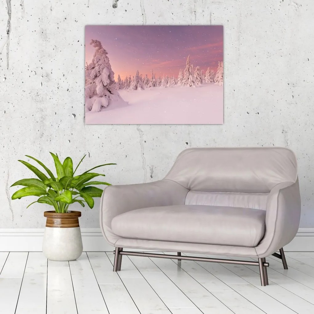 Tablou pe sticlă - Copaci sub așternut de zăpadă (70x50 cm)
