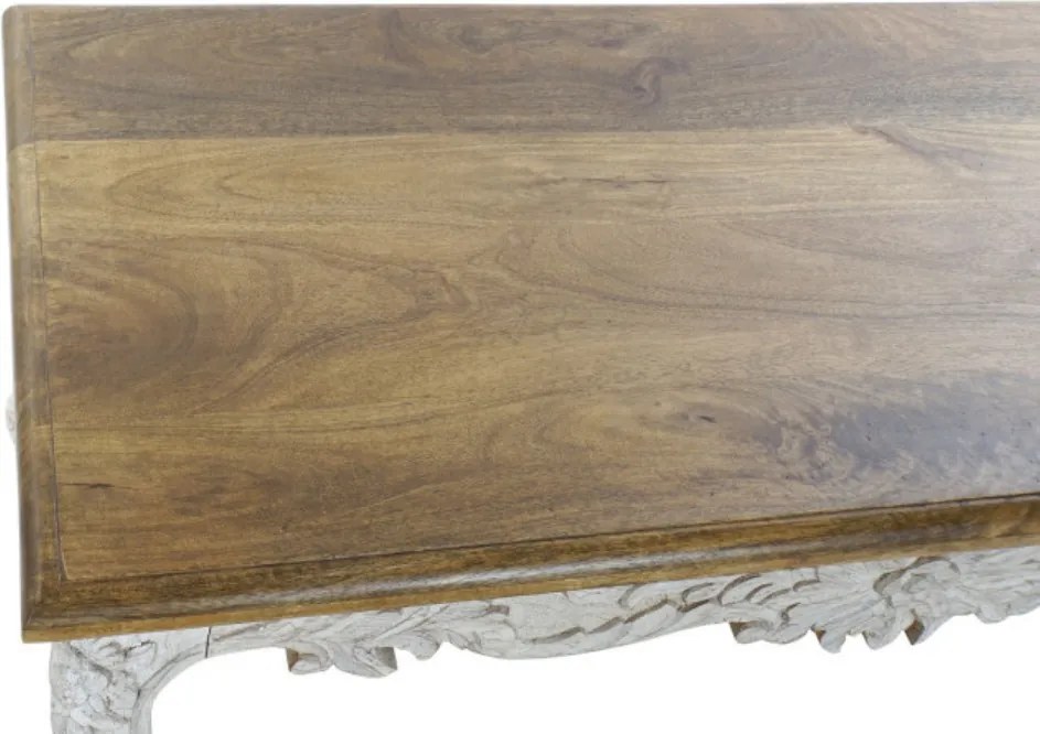 Măsuță de cafea din lemn de mango sculptat manual, natur și alb, motive florale, finisaj patinat, 49 x 120 x 61 cm, „Floralis” – Ethnic Collections