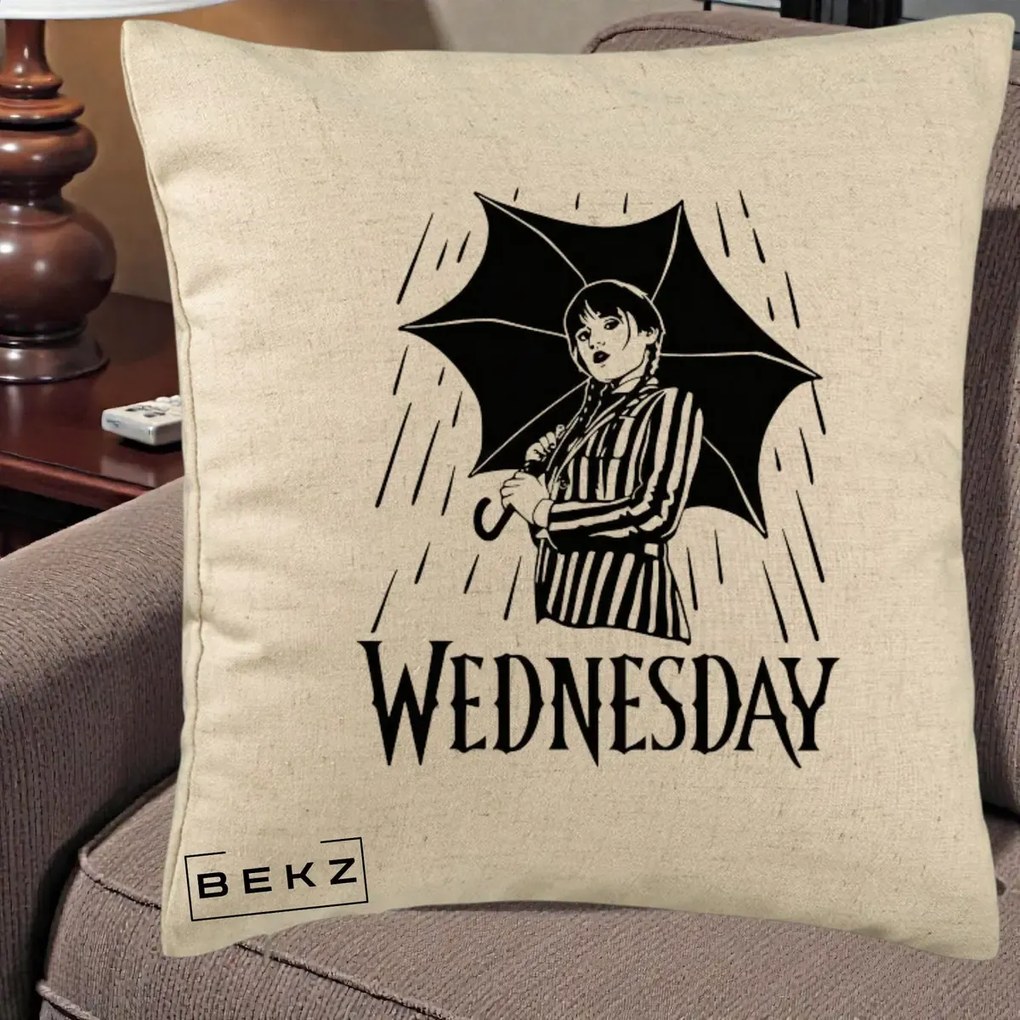 Perna Personalizata Wednesday cu Umbrela Ploaie Lineart, 40x40 cm, Bej, Husa Detasabila, Perna Inclusa, BEKZ®