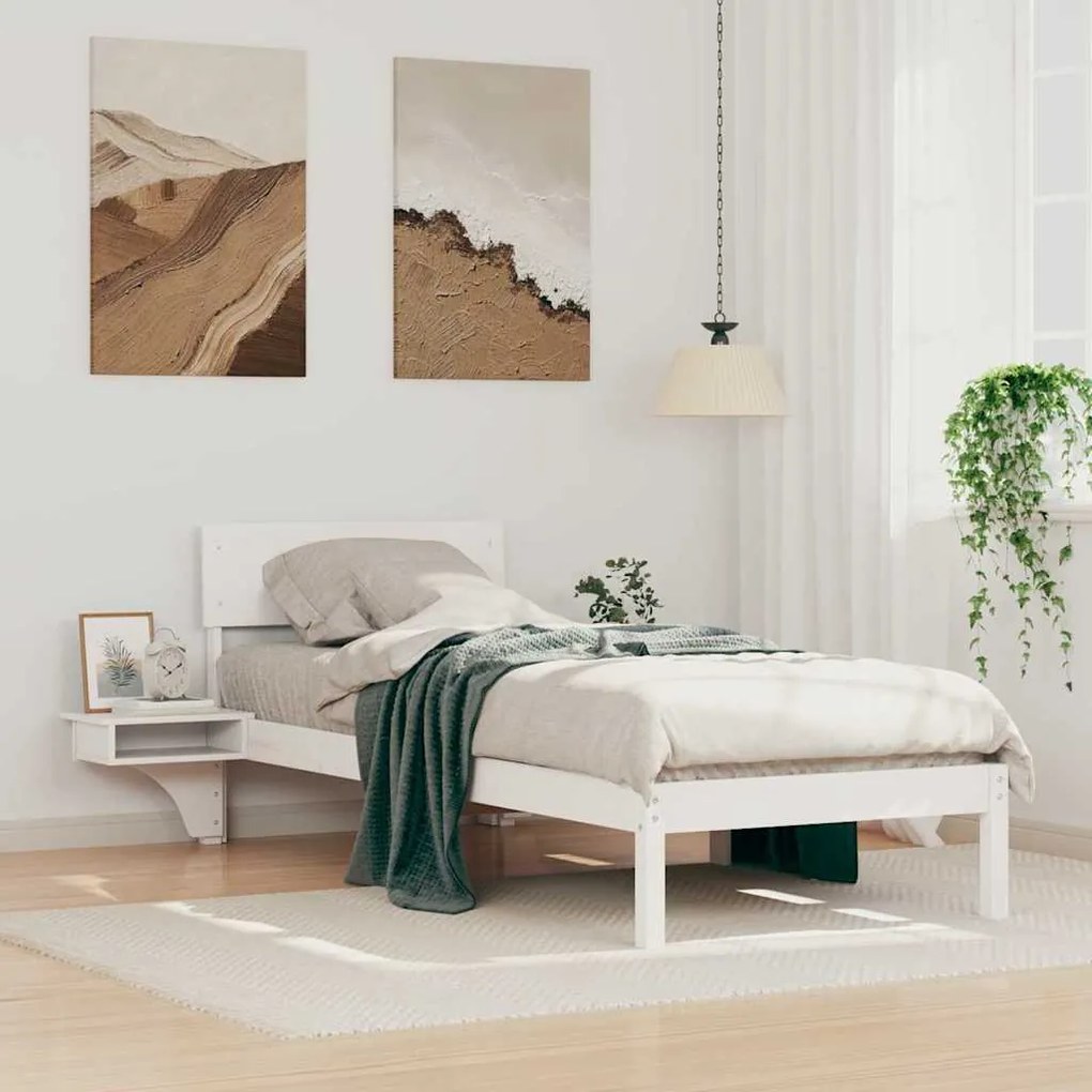 vidaXL Cadru de pat cu mese laterale Alb 75 x 190 cm Lemn masiv de pin