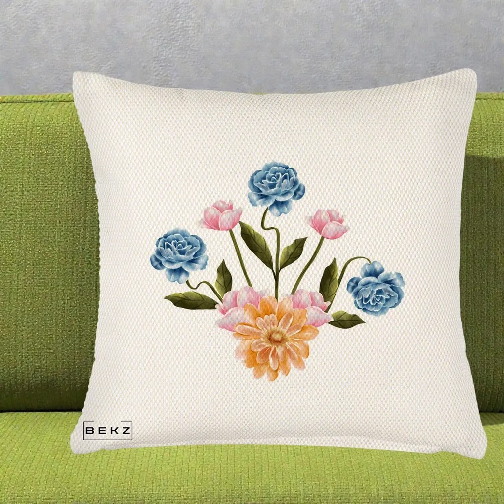 Perna Decorativa Buchet Primavara Acuarela, 40x40 cm, Crem Reliefat, Husa Detasabila, Perna Inclusa, BEKZ®