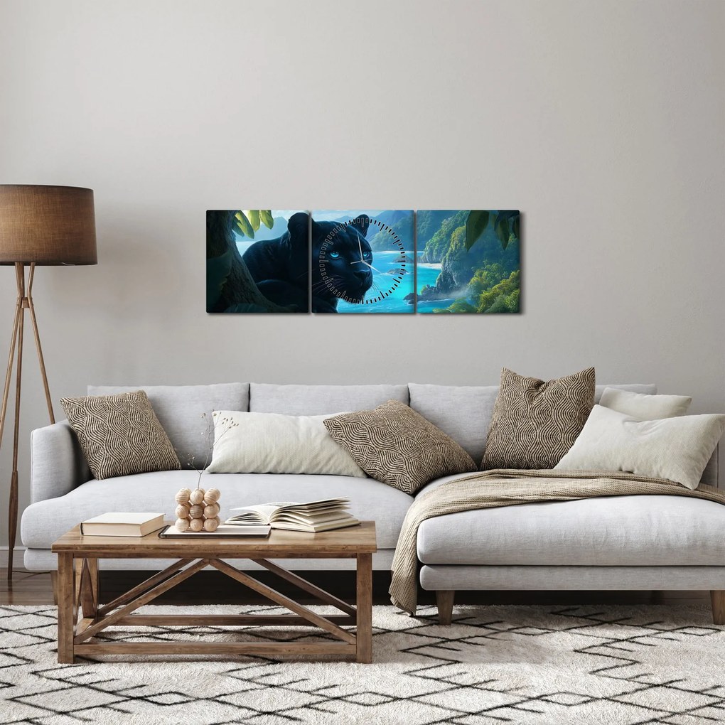 Tablou - Pantera neagră în junglă (cu ceas) (90x30 cm)