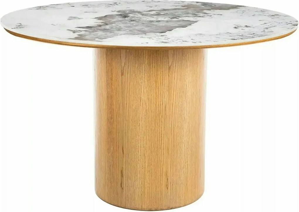 Masă RONDO, alb lucios/stejar, ceramică/furnir/MDF, Ø120x76 cm