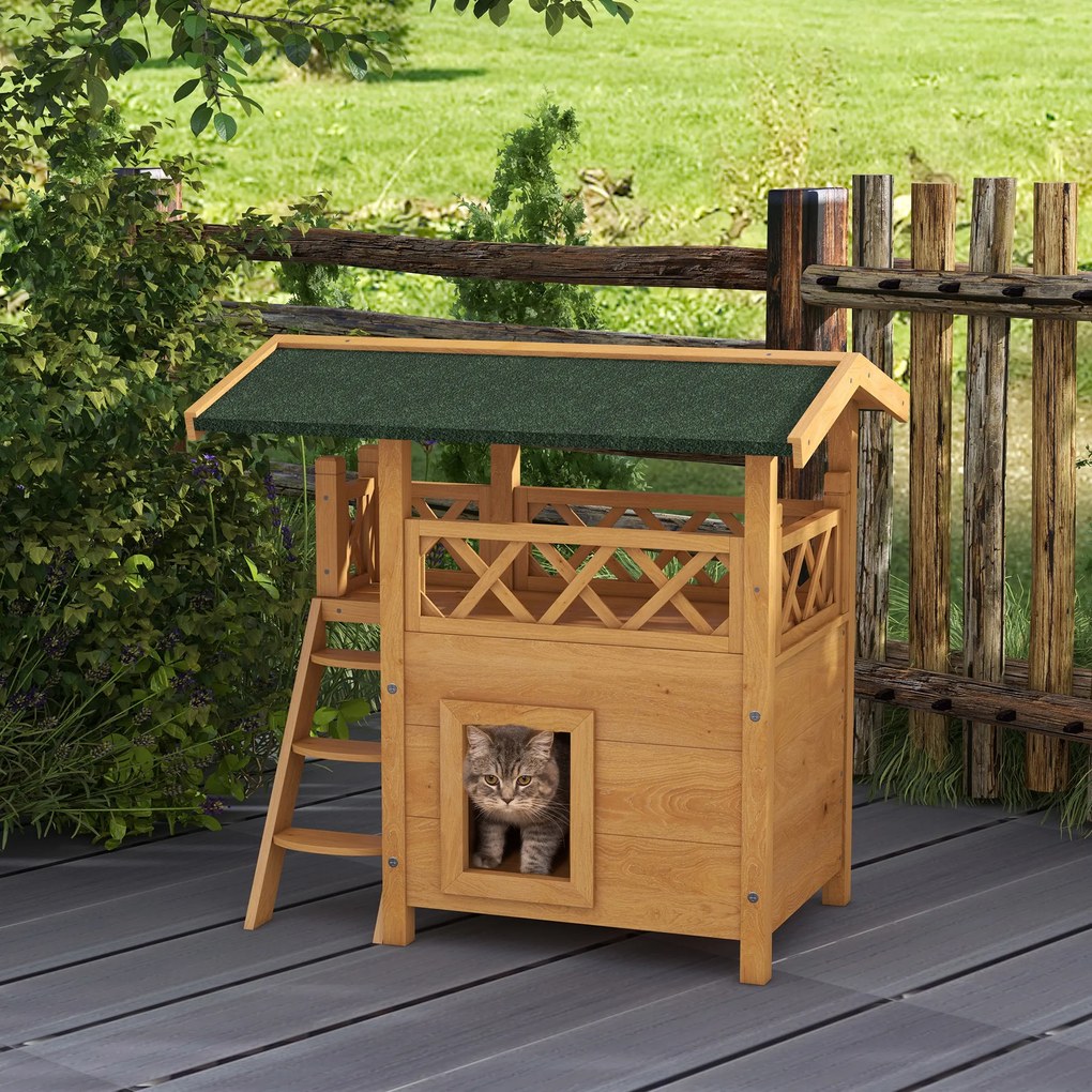 PawHut Maison lodge pentru pisici sălbatice rătăcitoare cu terasă scară 77 x 50 x 73 cm lemn natural și verde | Aosom Romania