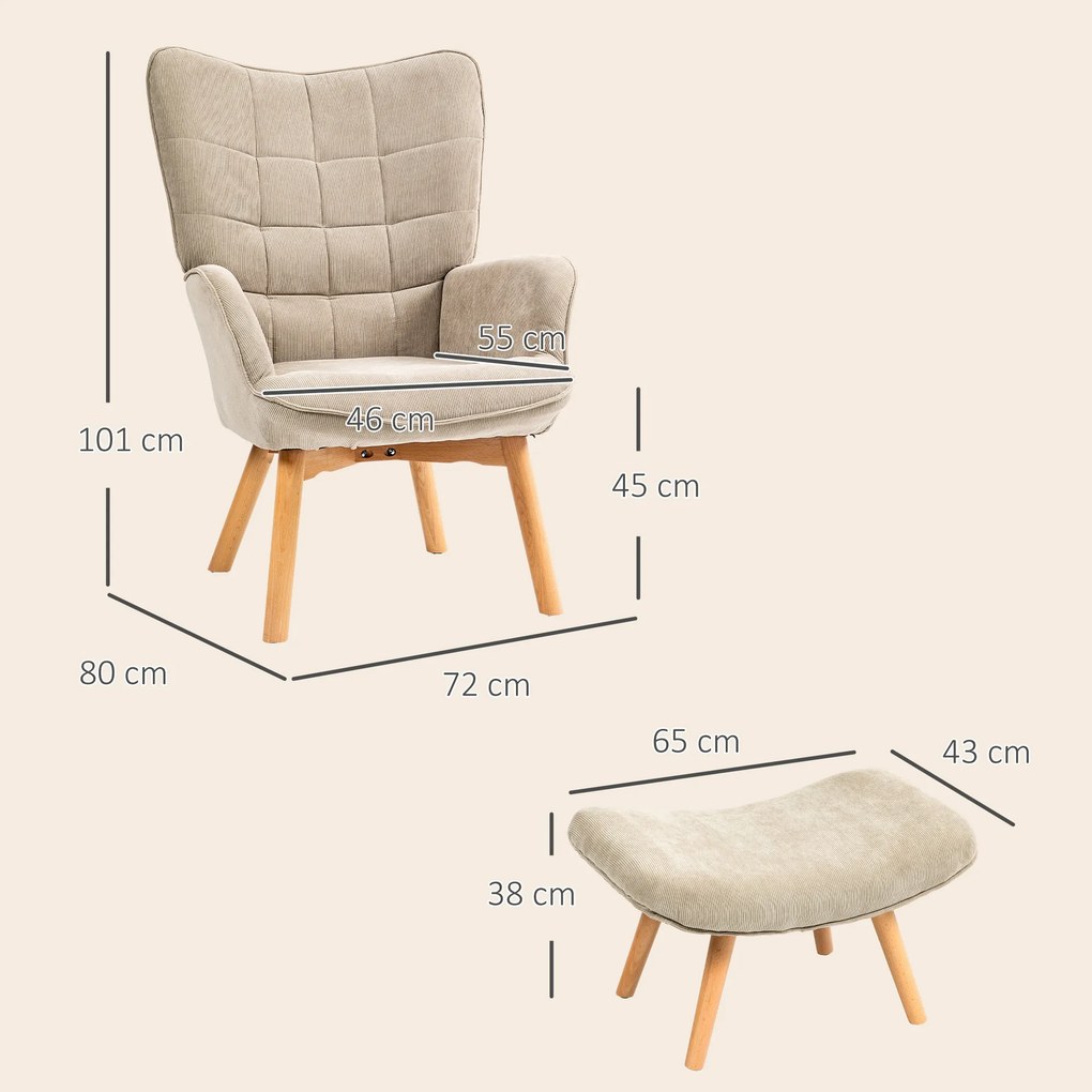 HOMCOM Fotoliu cu Taburet din Catifea cu Model Crestat , Spătar Înalt și Brațe, 72x80x101 cm, Bej | Aosom Romania