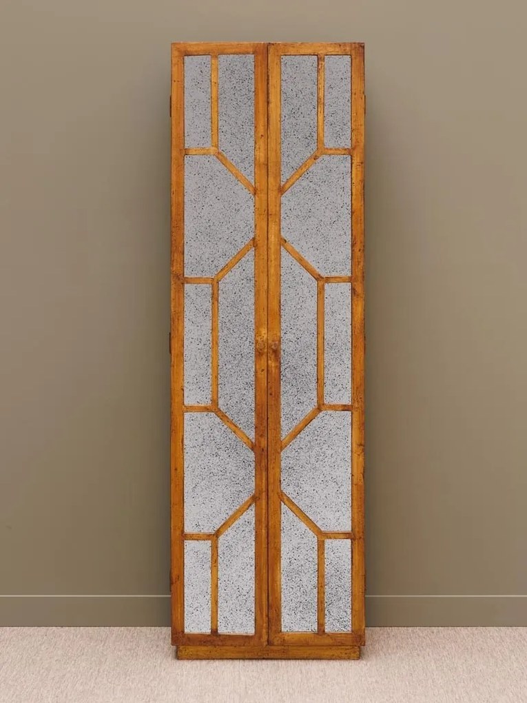 Dulap cu uși vintage din lemn de mango, maro, cu 4 rafturi, 2 uși cu oglinzi antichizate și model geometric, 195 x 60 x 33 cm, „Odette”