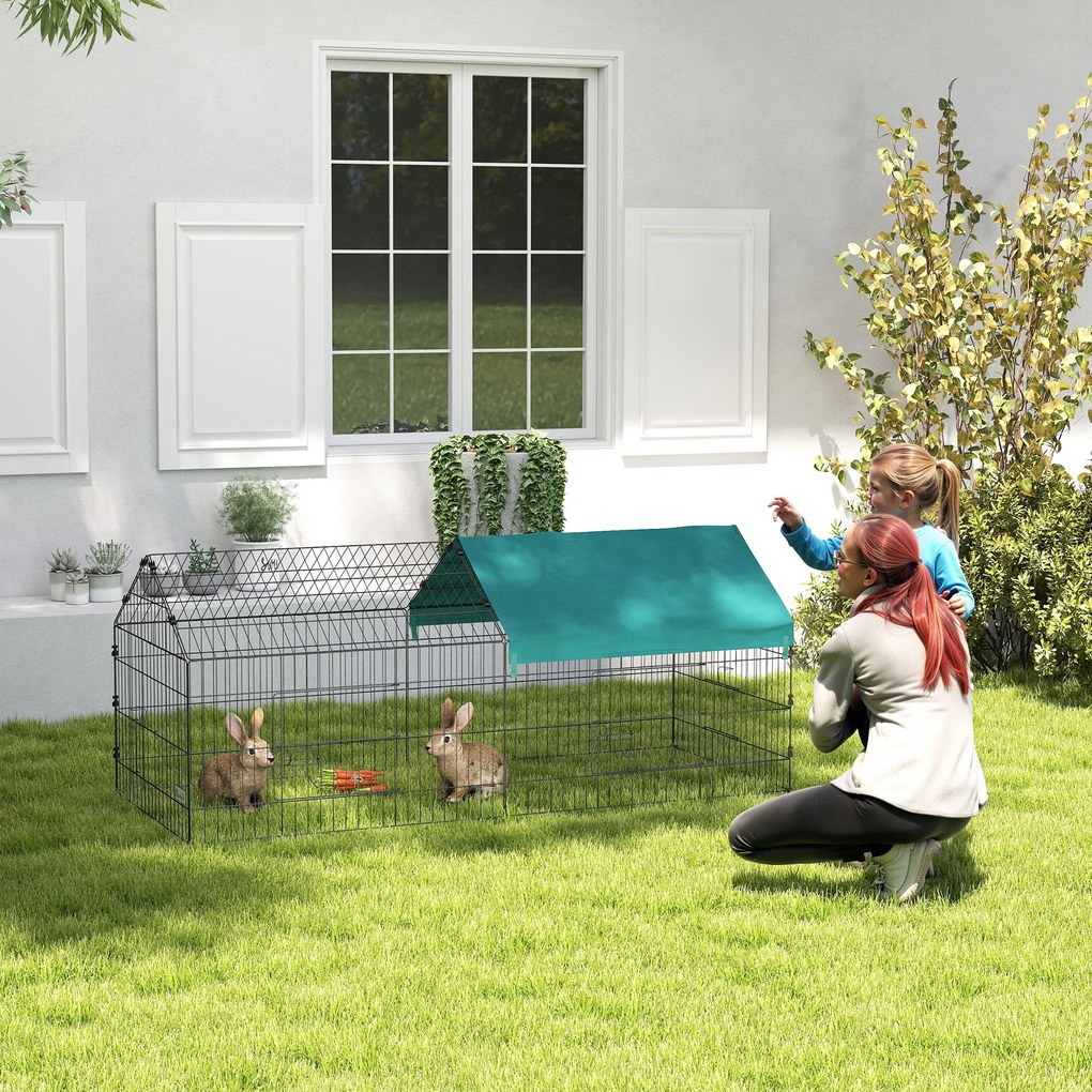 PawHut Cușcă pentru Iepuri și Găini de Exterior și Interior cu Protecție Solară și Grilaj Metalic, Coteț Recint pentru Animale Mici, Găini, 185x75x75 cm, Verde | Aosom Romania