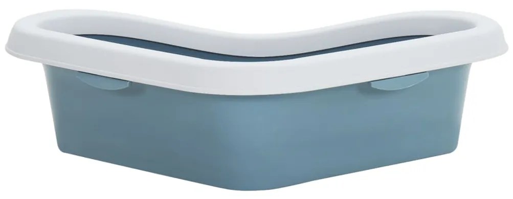 Litiera de colt pentru pisici, alb si albastru, 56x40x14 cm, PP