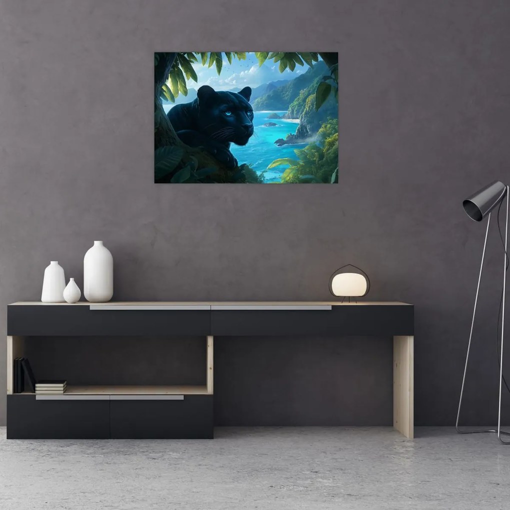 Tablou pe sticlă - Pantera neagră în junglă (70x50 cm)