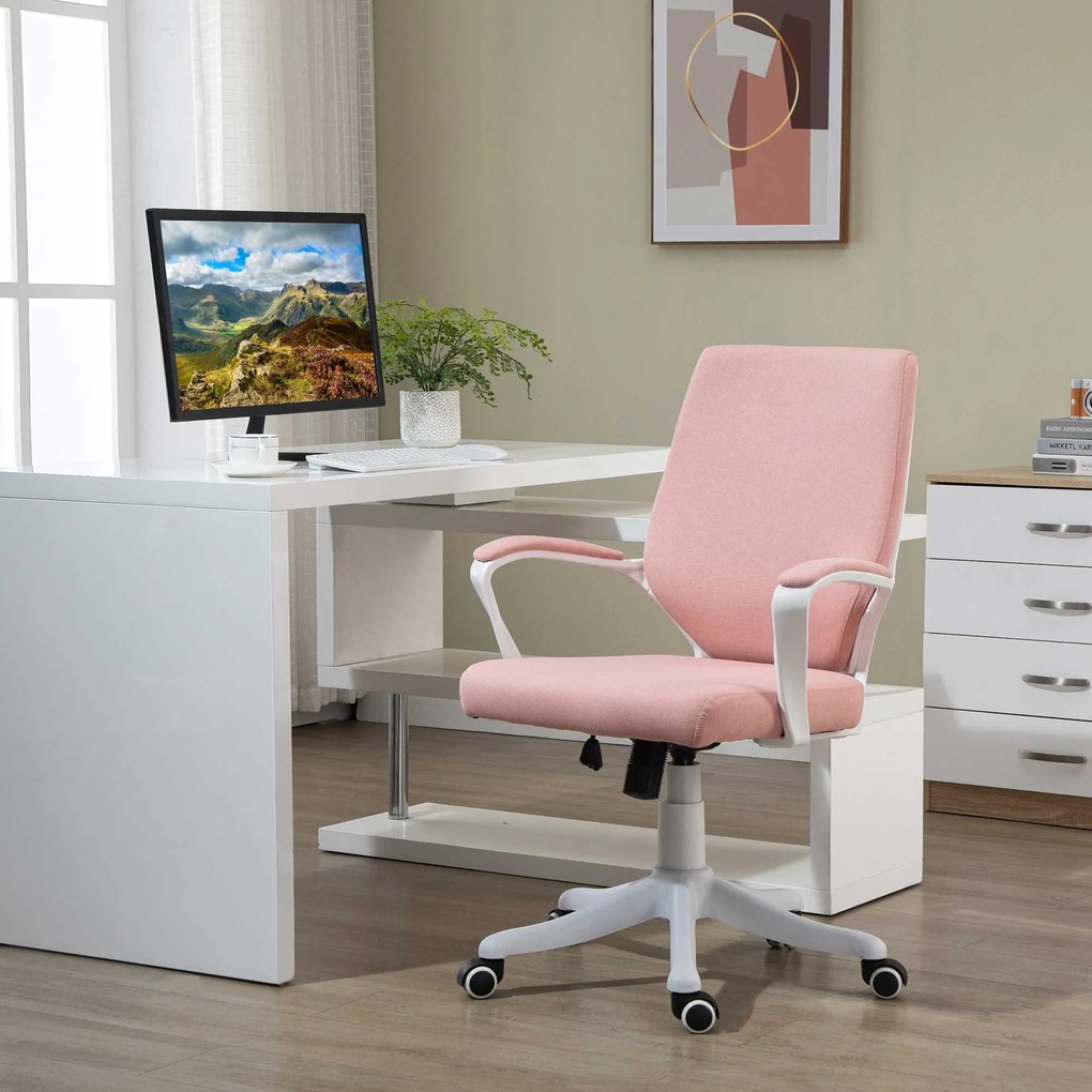 Vinsetto Scaun de birou Scaun de birou Home-Office Scaun cu funcție de balans Spătar reglabil înălțime gros și confortabil ergonomic Roți pivotante 360° din poliester nailon plastic PP Roz+alb 62x69x92-100 cm | Aosom Romania