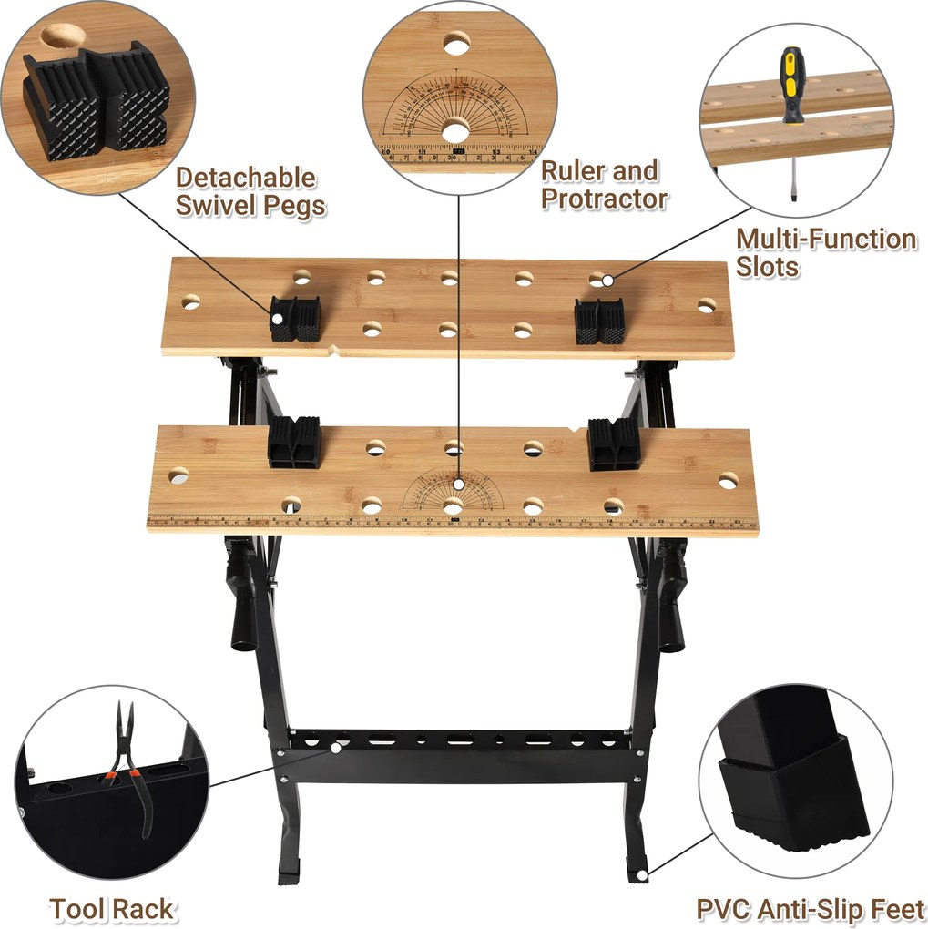 HOMCOM Banchet de Lucru Pliabil 4 Menghine, Riglă și Goniometru Capacitate 150 kg | Aosom Romania