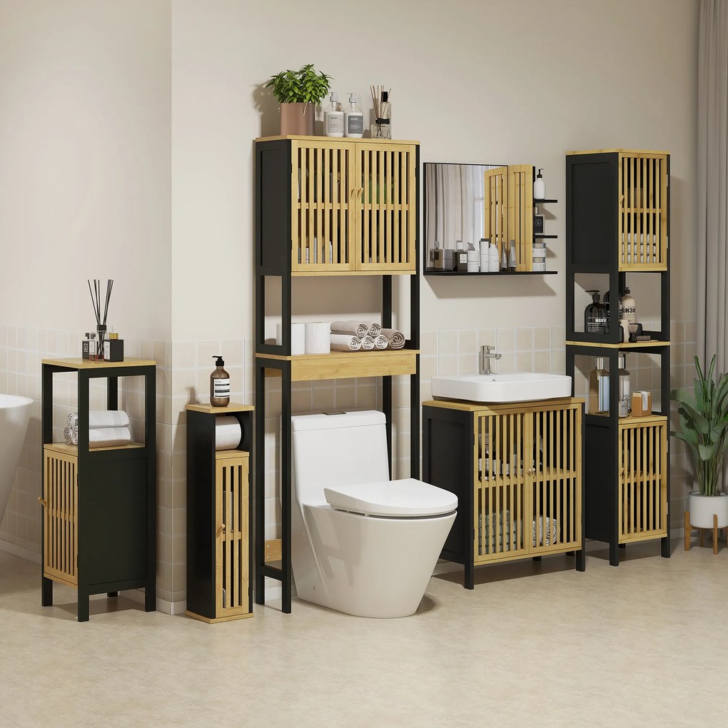 HOMCOM Dulap Baie cu Economie de Spațiu, Dulap Deasupra Toaletei cu 2 Uși și Raft Deschis, 60x21,5x172 cm, Lemn Natural | Aosom Romania