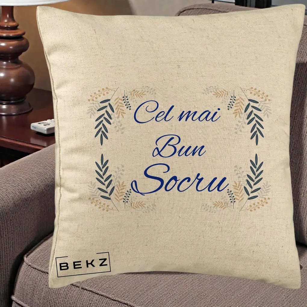 Cadou pentru Socru - Perna Personalizata Cel mai Bun Socru cu Ramuri Frunze Albastre si Aurii, 40x40 cm, Bej, Husa Detasabila, Perna Inclusa, BEKZ®